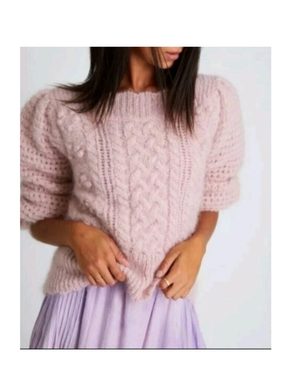 LoveShackFancy Blush Pink Cable-Knit Puff Sleeve Sweater